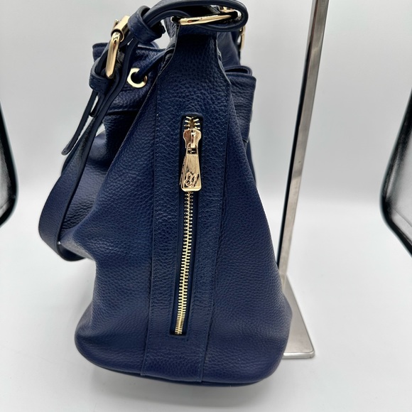 Ora Delphine Blue Leather Bucket Bag with gold trim. - Picture 2 of 10
